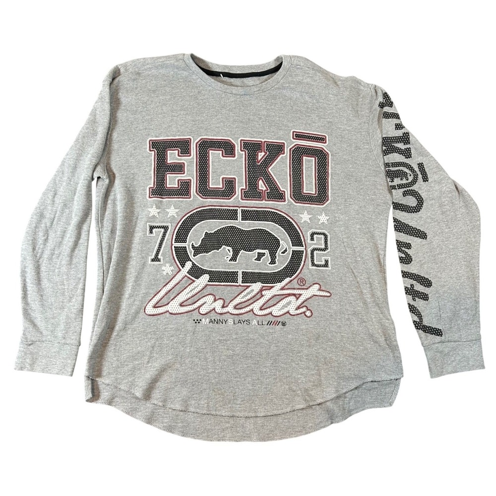 VTG Ecko Unlimited Mens Gray Long Sleeve Thermal Shirt Sleeve Hit Skater 2XL Y2K
